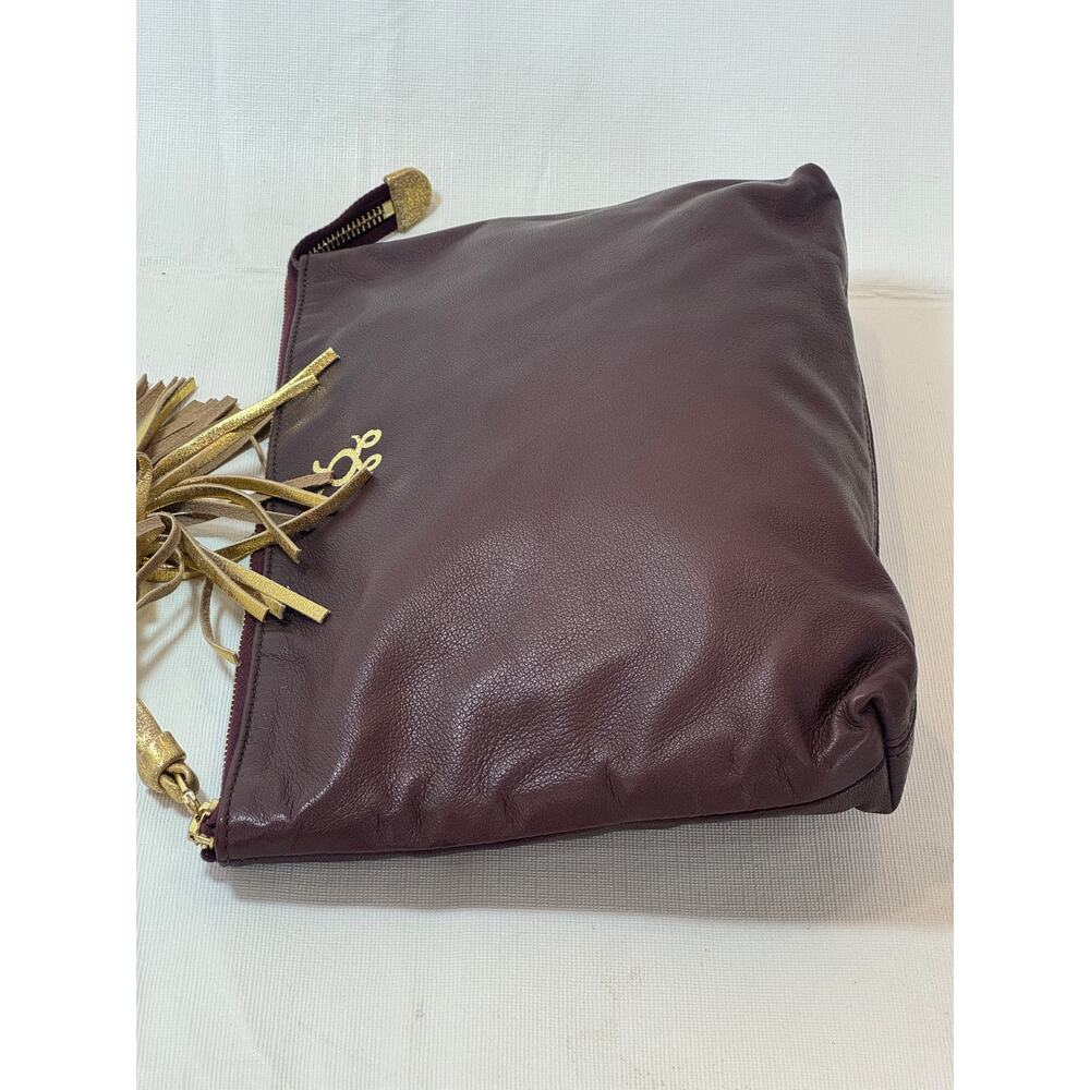 Figue Burgundy Leather Clutch Handbag Gold Tassel Logo With Dust Bag - Picture 4 of 9